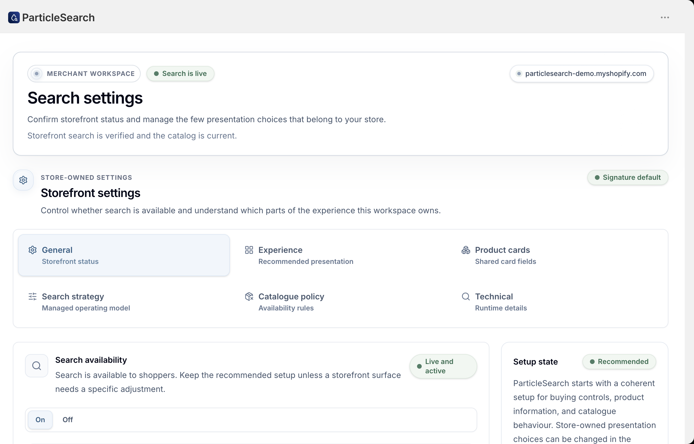 ParticleSearch Search settings workspace showing storefront status, experience, product cards, search strategy, catalogue policy, and technical settings